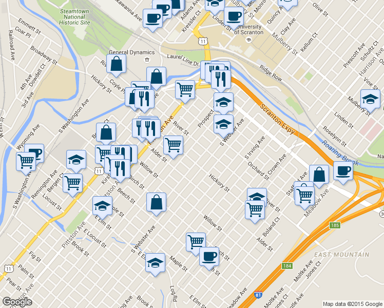 map of restaurants, bars, coffee shops, grocery stores, and more near 623 Hickory Street in Scranton