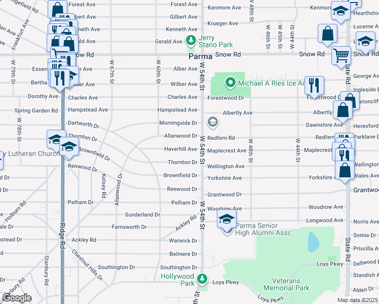 map of restaurants, bars, coffee shops, grocery stores, and more near 5607 Haverhill Avenue in Parma