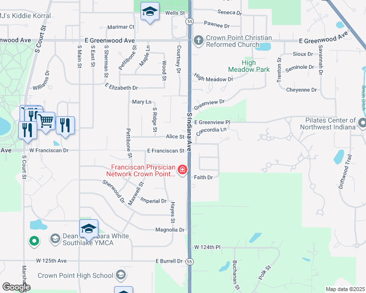map of restaurants, bars, coffee shops, grocery stores, and more near 810 Franciscan Drive in Crown Point