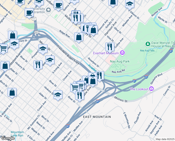 map of restaurants, bars, coffee shops, grocery stores, and more near Central Scranton Expy in Scranton