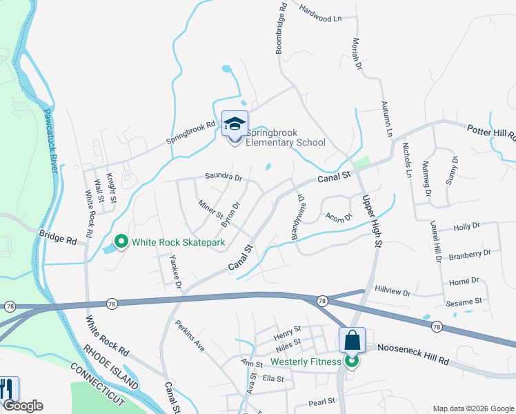 map of restaurants, bars, coffee shops, grocery stores, and more near 11 Beatrice Street in Westerly