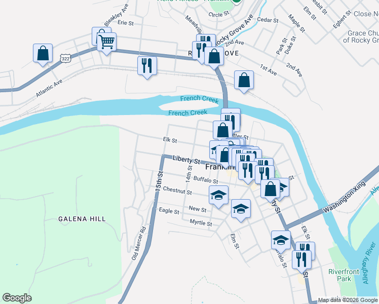 map of restaurants, bars, coffee shops, grocery stores, and more near 314 14th Street in Franklin