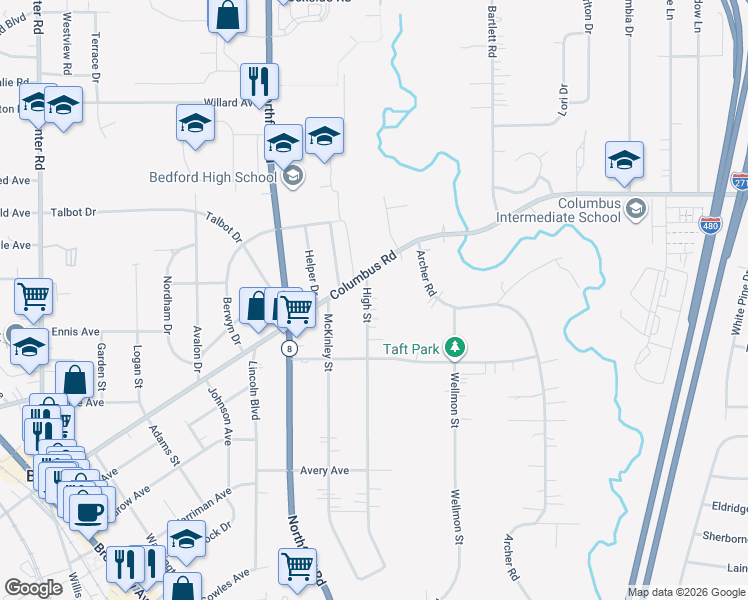 map of restaurants, bars, coffee shops, grocery stores, and more near 671 High Street in Bedford