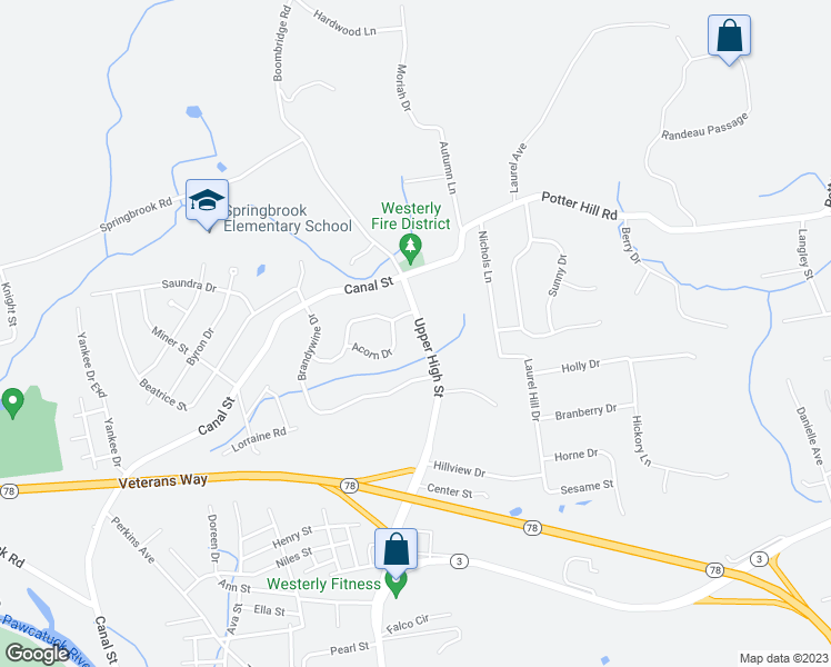 map of restaurants, bars, coffee shops, grocery stores, and more near 306 High Street in Westerly