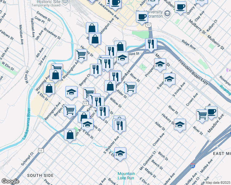 map of restaurants, bars, coffee shops, grocery stores, and more near 524 Alder Street in Scranton
