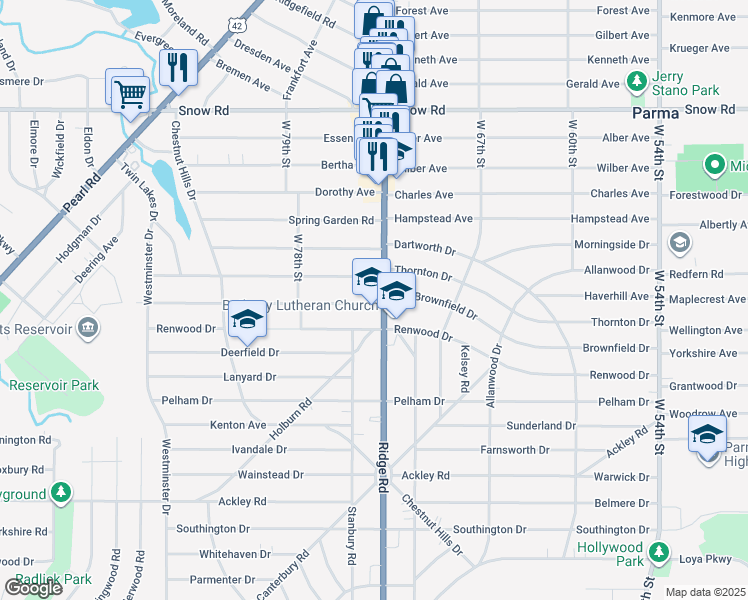 map of restaurants, bars, coffee shops, grocery stores, and more near 6050 Ridge Road in Parma