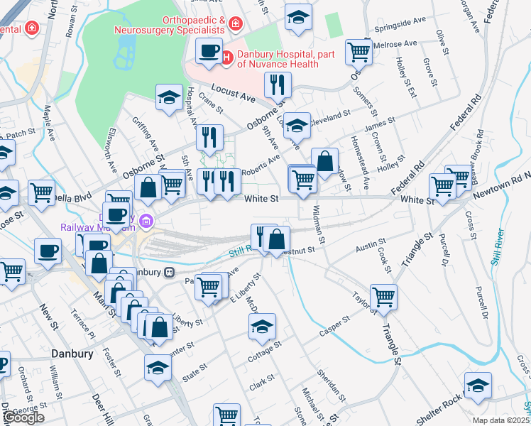 map of restaurants, bars, coffee shops, grocery stores, and more near 181 White Street in Danbury