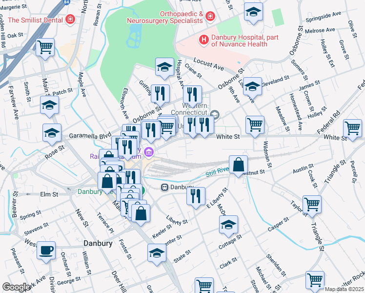 map of restaurants, bars, coffee shops, grocery stores, and more near 8 Bates Place in Danbury
