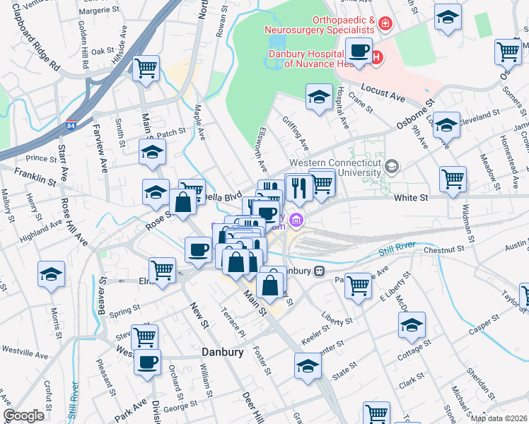 map of restaurants, bars, coffee shops, grocery stores, and more near 13 Maple Avenue in Danbury