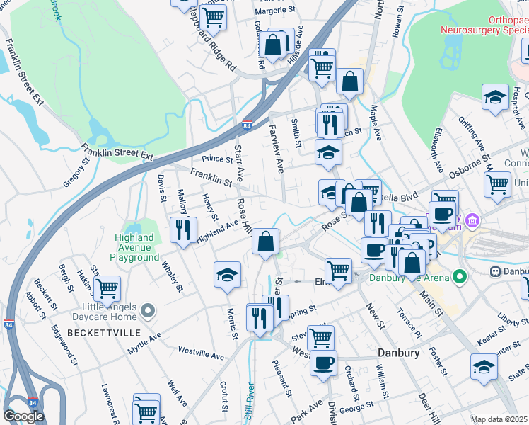 map of restaurants, bars, coffee shops, grocery stores, and more near 8 Ann Drive in Danbury