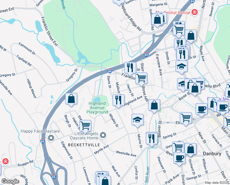 map of restaurants, bars, coffee shops, grocery stores, and more near 44 Hoyt Street in Danbury