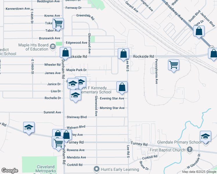 map of restaurants, bars, coffee shops, grocery stores, and more near 15812 Dunbury Drive in Maple Heights