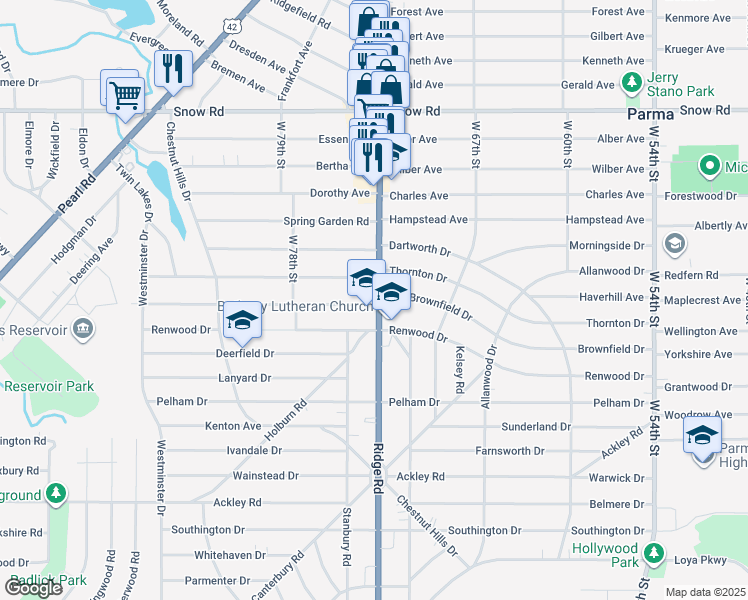 map of restaurants, bars, coffee shops, grocery stores, and more near 6050 Ridge Road in Parma