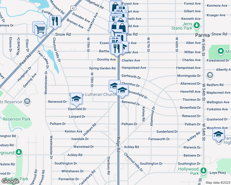 map of restaurants, bars, coffee shops, grocery stores, and more near 6050 Ridge Road in Parma