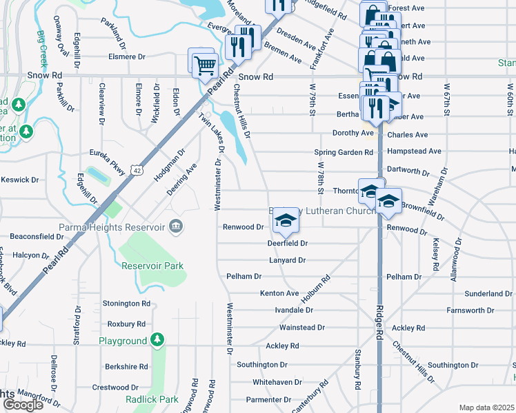 map of restaurants, bars, coffee shops, grocery stores, and more near 8307 Whittington Drive in Parma