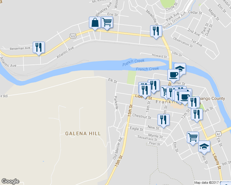 map of restaurants, bars, coffee shops, grocery stores, and more near Liberty Street & Parkway in Franklin