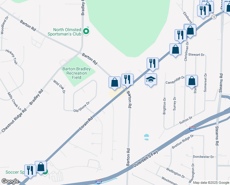 map of restaurants, bars, coffee shops, grocery stores, and more near 30596 Lorain Road in North Olmsted