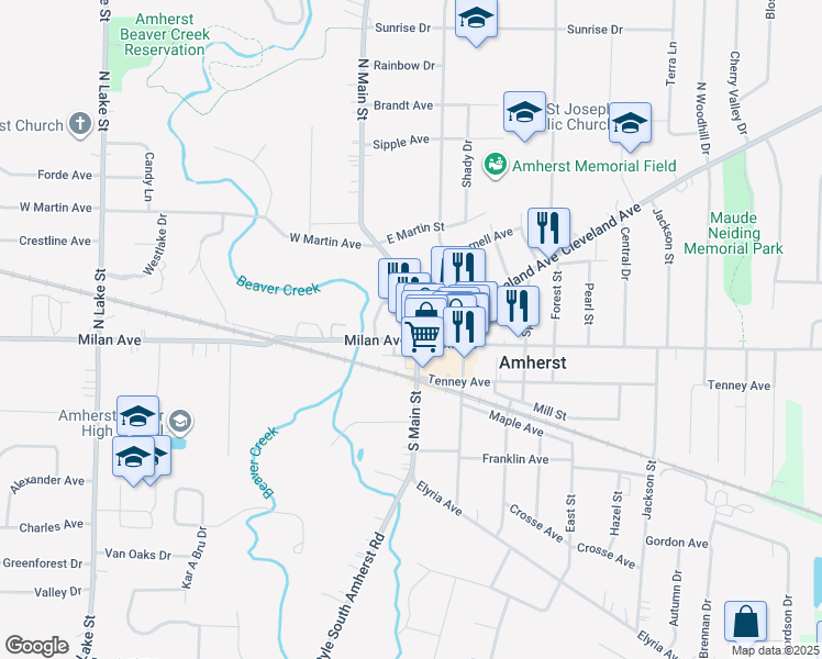 map of restaurants, bars, coffee shops, grocery stores, and more near 103 Milan Avenue in Amherst