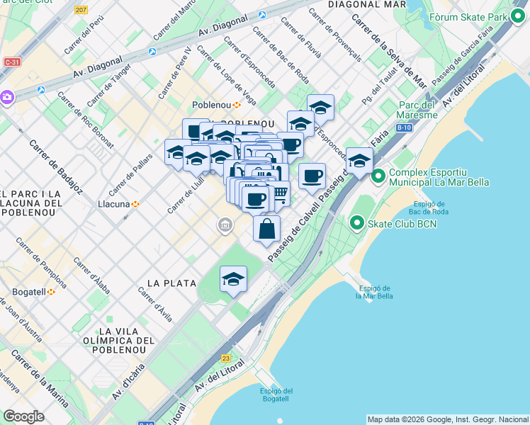map of restaurants, bars, coffee shops, grocery stores, and more near 44 Carrer del Taulat in Barcelona