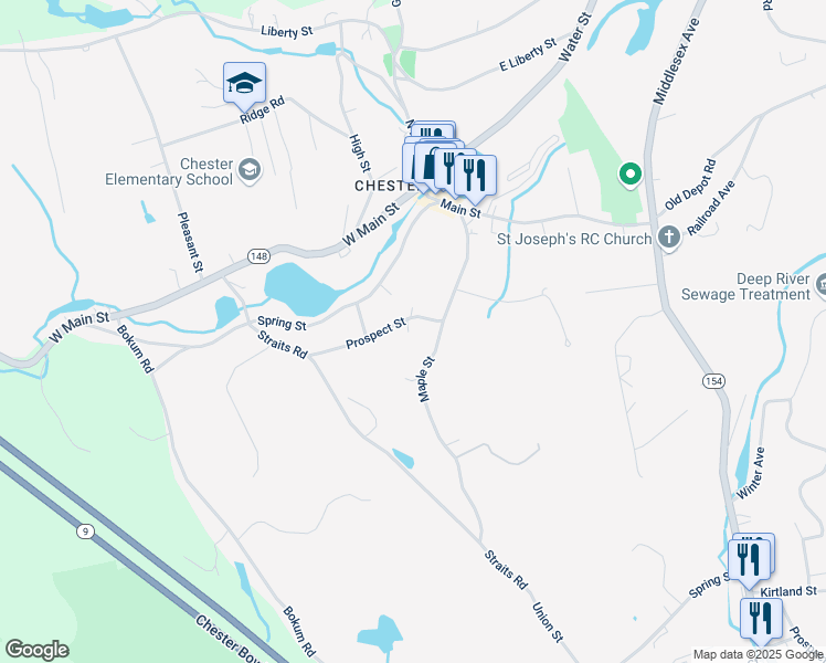 map of restaurants, bars, coffee shops, grocery stores, and more near 51 Railroad Avenue in Chester