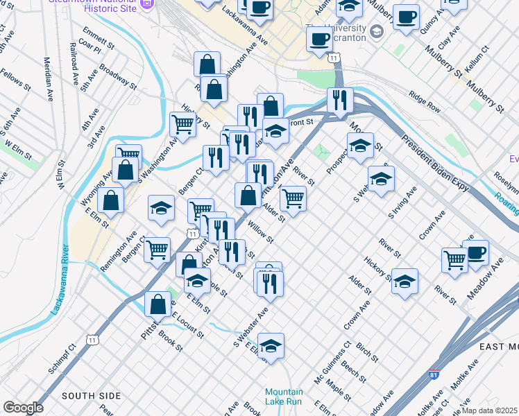 map of restaurants, bars, coffee shops, grocery stores, and more near 524 Alder Street in Scranton