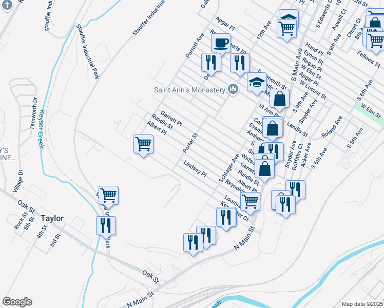 map of restaurants, bars, coffee shops, grocery stores, and more near 1266 Reynolds Avenue in Scranton