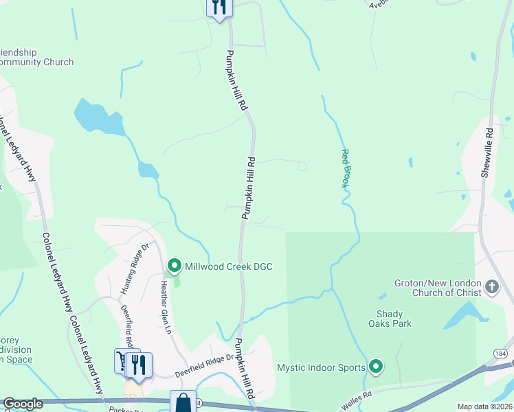 map of restaurants, bars, coffee shops, grocery stores, and more near 332 Pumpkin Hill Road in Ledyard