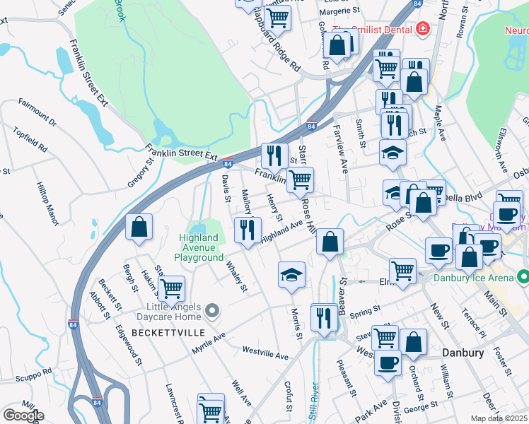 map of restaurants, bars, coffee shops, grocery stores, and more near 26 Hoyt Street in Danbury