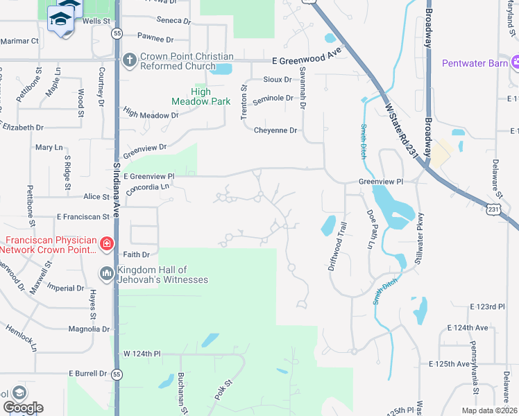 map of restaurants, bars, coffee shops, grocery stores, and more near 1191 Churchill Lane in Crown Point