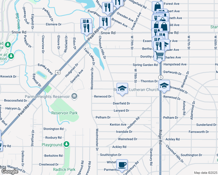 map of restaurants, bars, coffee shops, grocery stores, and more near 8307 Whittington Drive in Parma