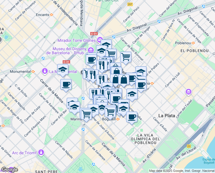 map of restaurants, bars, coffee shops, grocery stores, and more near 111 Carrer d'Àlaba in Barcelona