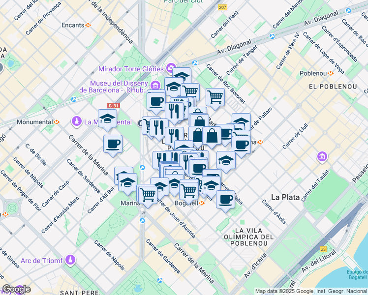 map of restaurants, bars, coffee shops, grocery stores, and more near 111 Carrer d'Àlaba in Barcelona