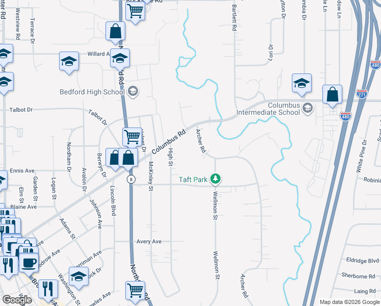 map of restaurants, bars, coffee shops, grocery stores, and more near 671 High Street in Bedford