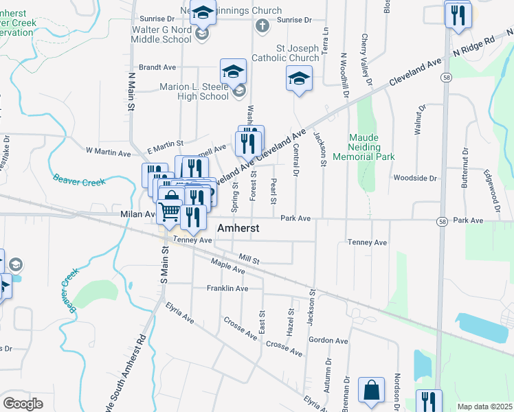 map of restaurants, bars, coffee shops, grocery stores, and more near 185 Forest Street in Amherst