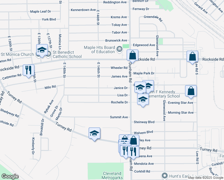 map of restaurants, bars, coffee shops, grocery stores, and more near 14899 Lisa Drive in Maple Heights