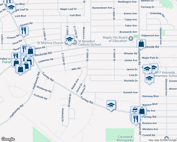 map of restaurants, bars, coffee shops, grocery stores, and more near 13955 Grove Drive in Garfield Heights