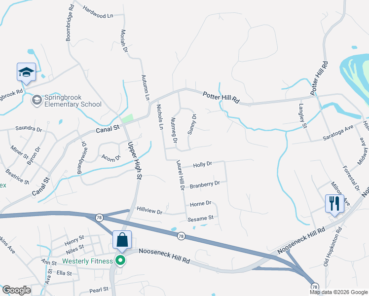 map of restaurants, bars, coffee shops, grocery stores, and more near 6 Surrey Drive in Westerly