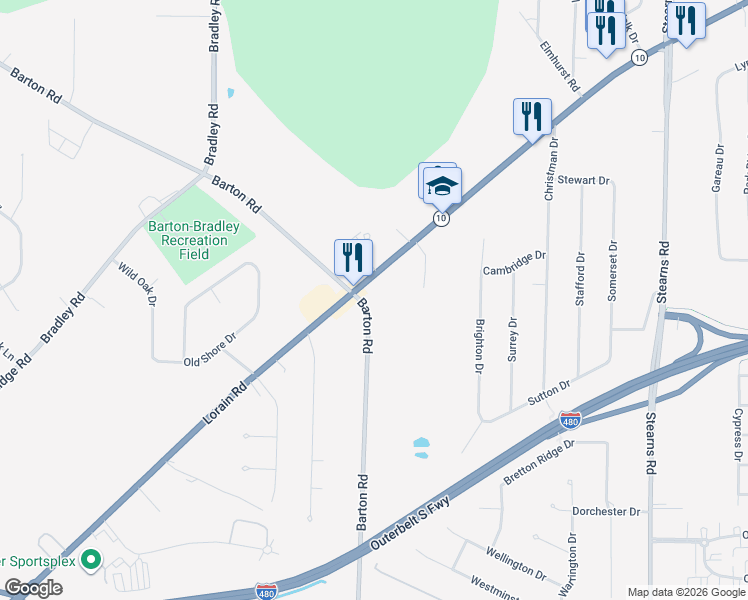 map of restaurants, bars, coffee shops, grocery stores, and more near 6339 Barton Road in North Olmsted