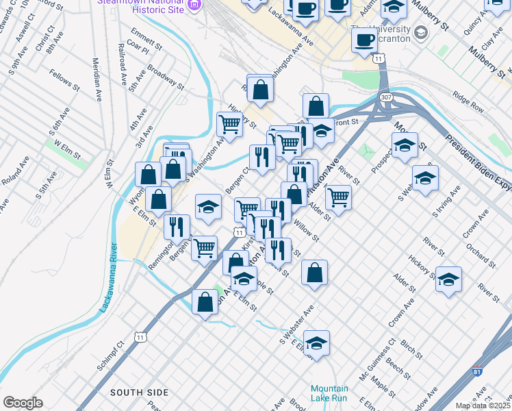 map of restaurants, bars, coffee shops, grocery stores, and more near 424 Koch Place in Scranton