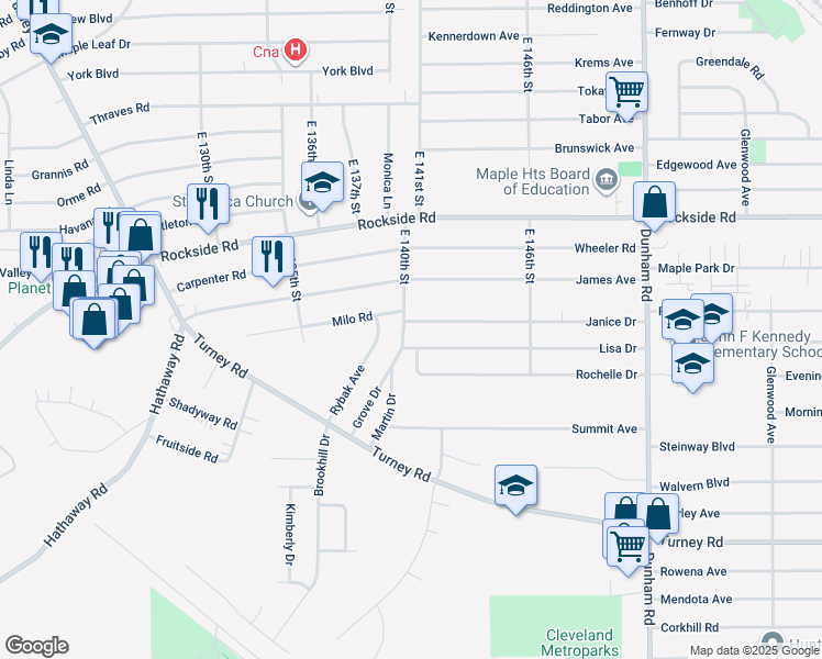 map of restaurants, bars, coffee shops, grocery stores, and more near 13955 Grove Drive in Garfield Heights