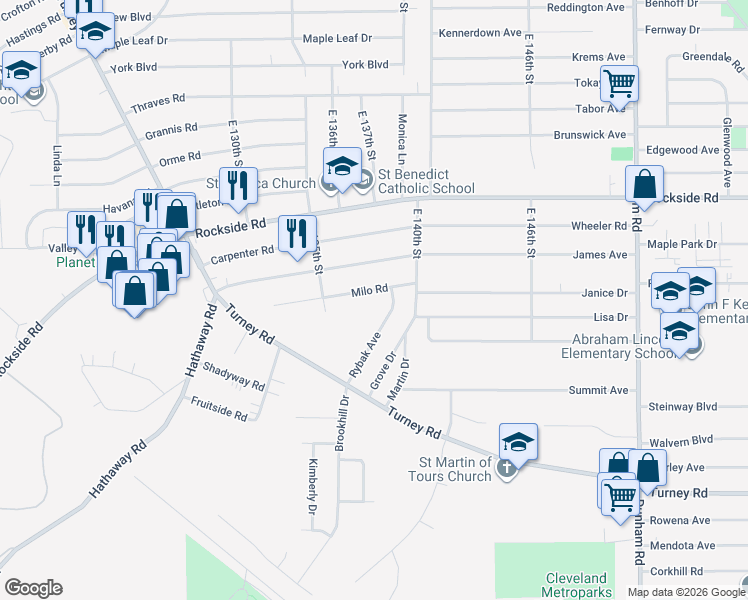 map of restaurants, bars, coffee shops, grocery stores, and more near 13723 Rybak Avenue in Garfield Heights