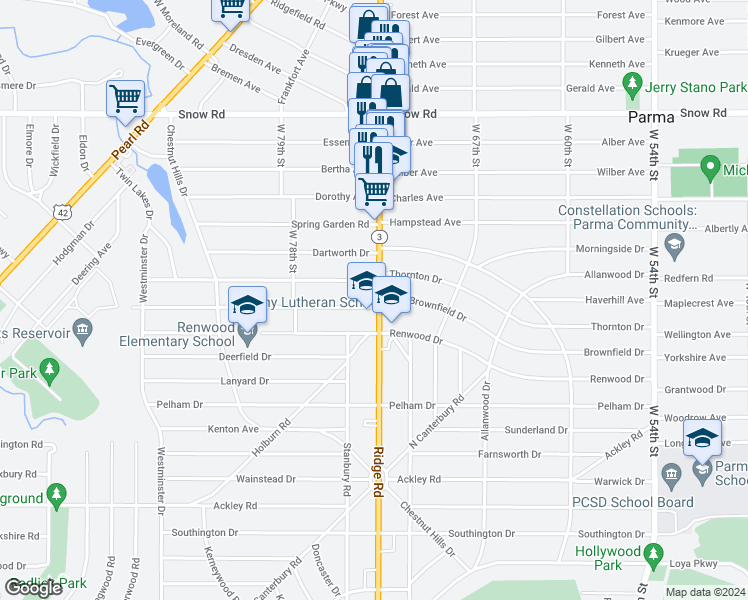 map of restaurants, bars, coffee shops, grocery stores, and more near 6050 Ridge Road in Parma