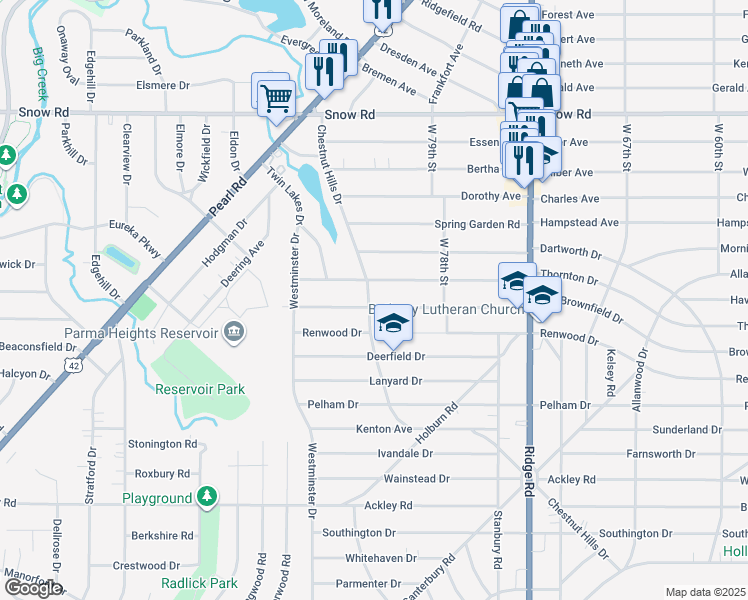 map of restaurants, bars, coffee shops, grocery stores, and more near 8020 Whittington Drive in Parma