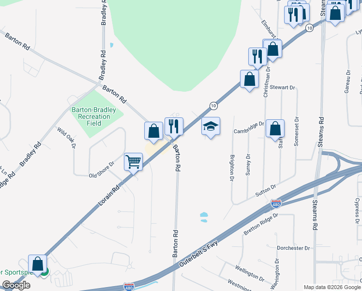 map of restaurants, bars, coffee shops, grocery stores, and more near 6339 Barton Road in North Olmsted