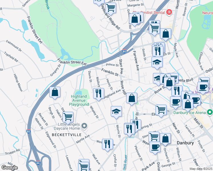 map of restaurants, bars, coffee shops, grocery stores, and more near 13 Mallory Street in Danbury