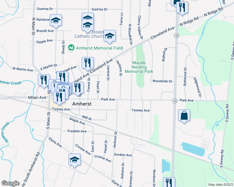 map of restaurants, bars, coffee shops, grocery stores, and more near 749 Park Avenue in Amherst