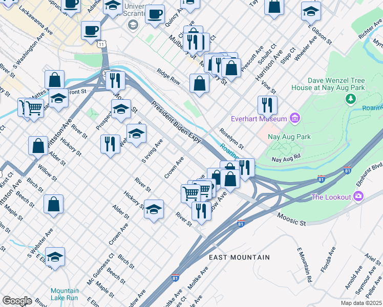 map of restaurants, bars, coffee shops, grocery stores, and more near 905 Moosic Street in Scranton