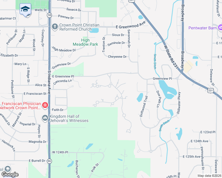 map of restaurants, bars, coffee shops, grocery stores, and more near 1191 Churchill Lane in Crown Point