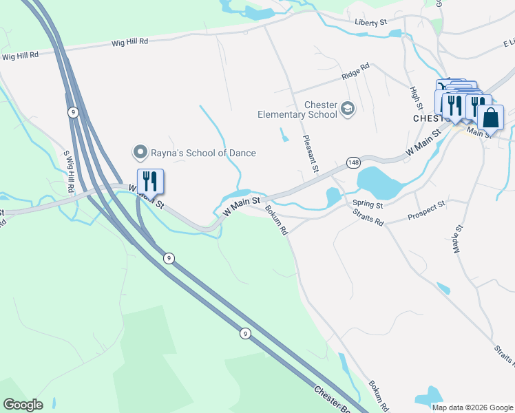 map of restaurants, bars, coffee shops, grocery stores, and more near 83 Spring Street in Chester