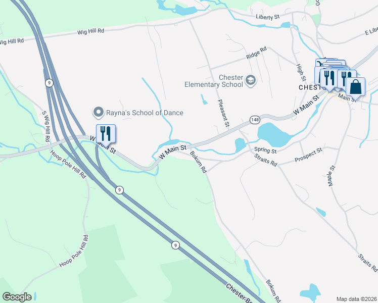 map of restaurants, bars, coffee shops, grocery stores, and more near 93 West Main Street in Chester